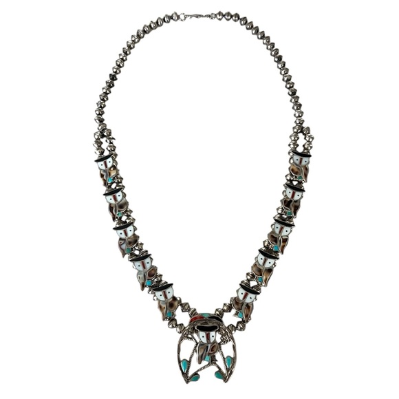 Sterling Silver Zuni Inlay Owl Squash Blossom Necklace Signed PITKIN PW NATEWA - Picture 3 of 12